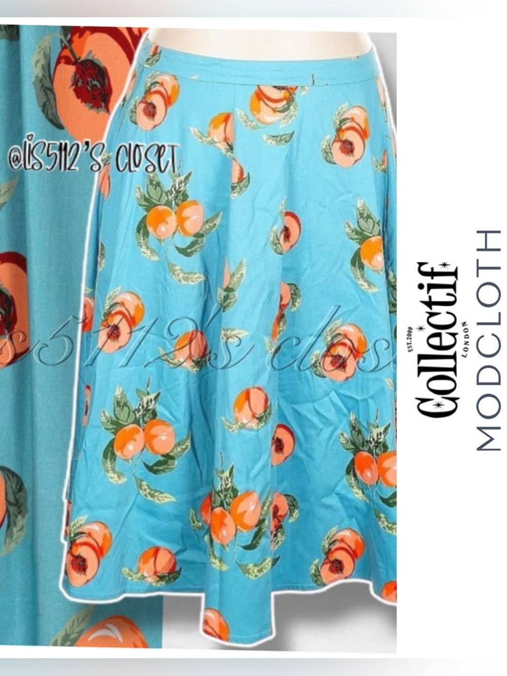 Modcloth x Collectif Blue Peaches Print Swing Skirt UK 22 // US 18